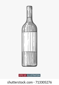 Hand drawn wine bottle. Template for your design works. Engraved style vector illustration.