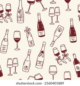 Hand drawn wine bottles and glasses background