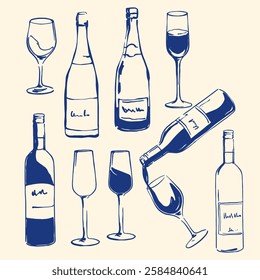 Hand drawn wine bottles and glasses illustration. Hand draw la dolce vita doodles