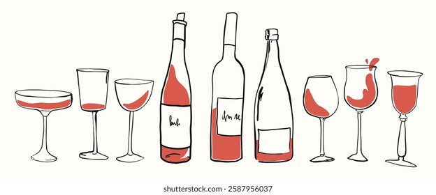 Hand drawn wine bottles and glasses illustration. Hand draw la dolce vita doodles