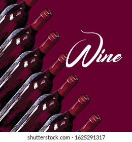 Hand drawn wine bottles on a burgundy background.