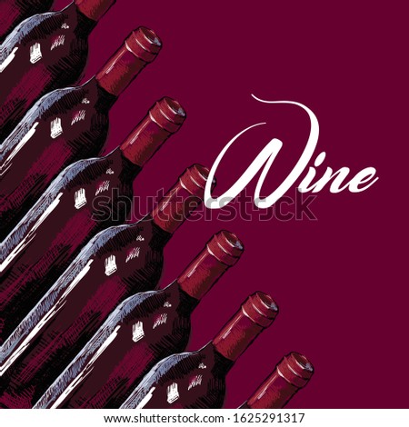 Hand drawn wine bottles on a burgundy background.