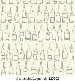 hand drawn wine bottles in rows seamless pattern, sketch lines