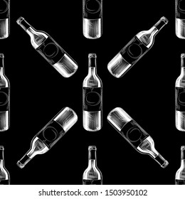 Hand drawn wine bottles seamless pattern on black background. Different wine backdrop. Engraving style. Design for fabric, textile print, wrapping paper. Vector illustration