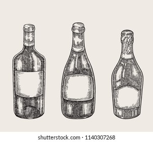 Hand drawn wine bottles in sketch style. Vector illustration vintage.