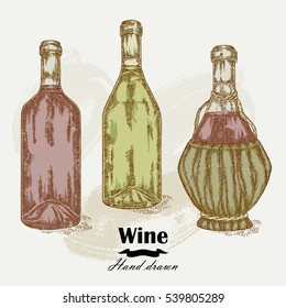 Hand drawn wine bottles vintage. Vector sketch