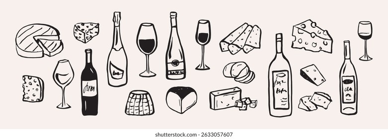 Hand drawn wine and cheese collection