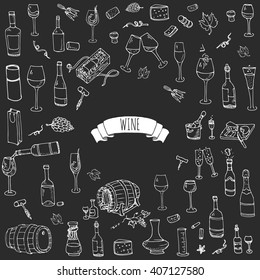 Hand drawn wine and cheese set icons. Vector illustration Sketchy tasting elements collection Objects Cartoon symbols Vineyard background Winery illustration Grape Glass Bottle package Blackboard