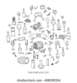 Hand drawn wine and cheese set icons. Vector illustration Sketchy tasting elements collection isolated on white Objects Cartoon symbols Vineyard background Winery Grape Glass Bottle package Oak barrel