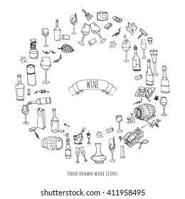 Hand drawn wine and cheese set icons. Vector illustration Sketchy tasting elements collection isolated on white Objects Cartoon symbols Vineyard background Winery Grape Glass Bottle package Oak barrel