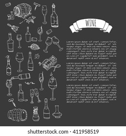Hand drawn wine and cheese set icons. Vector illustration Sketchy tasting elements collection Objects Cartoon symbols Vineyard background Winery illustration Grape Glass Bottle package Blackboard