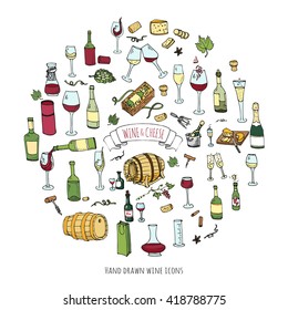 Hand drawn wine and cheese set icons. Vector illustration Sketchy tasting elements collection isolated on white Objects Cartoon symbols Vineyard background Winery Grape Glass Bottle package Oak barrel
