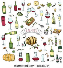 Hand drawn wine and cheese set icons. Vector illustration Sketchy tasting elements collection isolated on white Objects Cartoon symbols Vineyard background Winery Grape Glass Bottle package Oak barrel