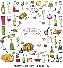 Hand drawn wine and cheese set icons. Vector illustration Sketchy tasting elements collection isolated on white Objects Cartoon symbols Vineyard background Winery Grape Glass Bottle package Oak barrel