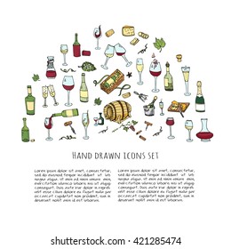 Hand drawn wine and cheese set icons. Vector illustration Sketchy tasting elements collection isolated on white Objects Cartoon symbols Vineyard background Winery Grape Glass Bottle package Oak barrel