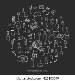 Hand drawn wine and cheese set icons. Vector illustration Sketchy tasting elements collection Objects Cartoon symbols Vineyard background Winery illustration Grape Glass Bottle package Blackboard