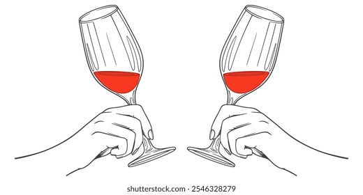 Hand drawn wine clinking glasses line art, line art drawing contour. Cheers toast festive decoration for holidays,romantic Valentine's Day design. Isolated.Vector