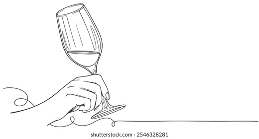 Hand drawn wine clinking glasses line art, line art drawing contour. Cheers toast festive decoration for holidays,romantic Valentine's Day design. Isolated.Vector