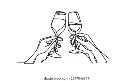 Hand drawn wine clinking glasses one line art,continuous drawing contour.Cheers toast festive decoration for holidays,romantic Valentine's Day design.Editable stroke. Isolated.Vector