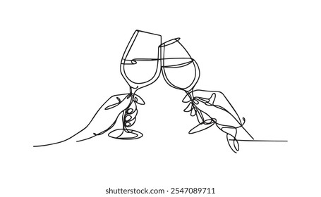 Hand drawn wine clinking glasses one line art,continuous drawing contour.Cheers toast festive decoration for holidays,romantic Valentine's Day design.Editable stroke. Isolated.Vector