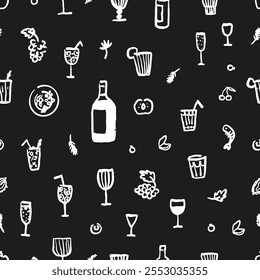 Hand drawn wine, cocktails and Mediterranean food elements. Simple  Elements of summer party, picnic, or dinner on black background. Black and white ornament.