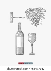 Hand drawn wine elements. Corkscrew, bottle, glass, grape. Engraved style vector illustration. Template for your design works.