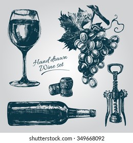 Hand Drawn Wine Elements including wine glass, bottle, wine cork, grape, corkscrew. 