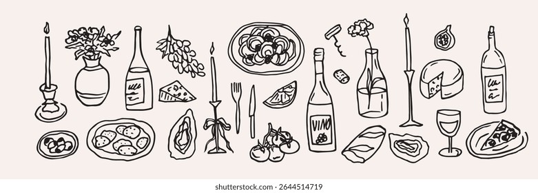 Vinho desenhado à mão e elementos alimentares