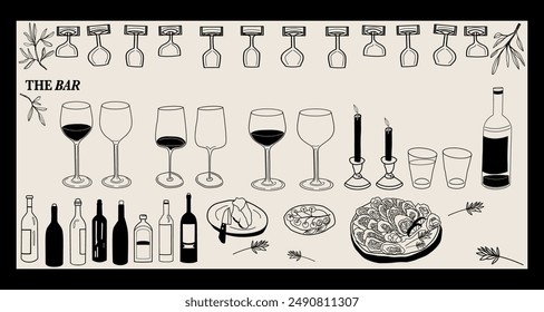 Hand Drawn Wine Glass And Bottle Bundle - Pouring Wine Clip Art, Cheers Cricut, Wine And Cheese Cut Files, seafood dinner, Rehearsal Dinner Party Invitation, Template of wines store.