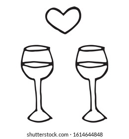 Hand drawn wine glasses
and heart symbol. Valentines day motif. Doodle style vector illustration. Design for greeting cards, gifts, wrapping paper, seasonal cards, printed materials etc.