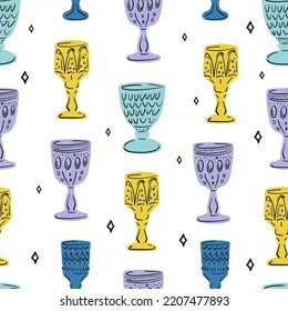 Hand drawn wine glasses seamless pattern. Christmas vector seamless pattern.