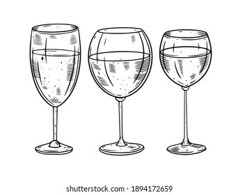Hand drawn wine glasses set. Engraving style. Black color vector illustration for bar menu, poster or banner.
