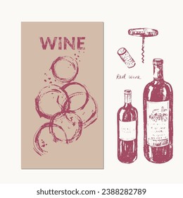 Hand drawn wine illustration. Wine bottles, vine, vineyard, red wine stains, cork. For wine and drinks menu list, labels and packaging, party invitation.