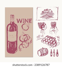 Hand drawn wine illustration. Wine bottles, glass, grapes, vine, vineyard, red wine stains, cork, winery. For wine and drinks menu list, labels and packaging, party invitation.