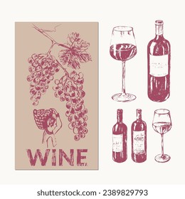 Ilustración de vino dibujada a mano. Botellas de vino, vidrio, uvas, vid. Para la carta de vinos y bebidas, etiquetas y empaques, invitación a fiesta.