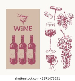 Ilustración de vino dibujada a mano. Botellas de vino, vidrio, uvas, vid, viñedos, corcho, bodega. Para la carta de vinos y bebidas, etiquetas y empaques, invitación a fiesta.