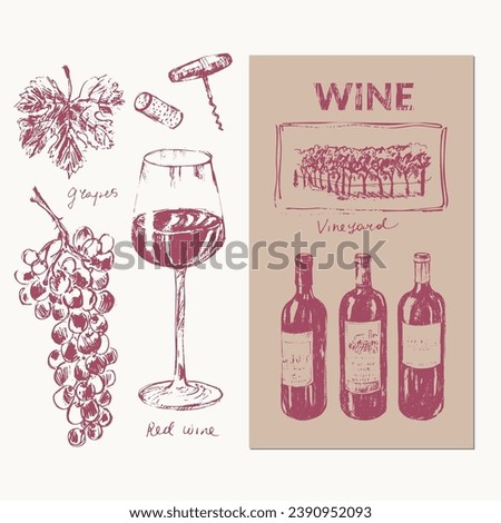 Hand drawn wine illustration. Wine bottles, glass, grapes, vine, vineyard, cork, winery. For wine and drinks menu list, labels and packaging, party invitation.