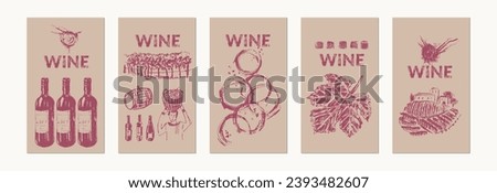 Hand drawn wine illustration. Wine bottles, glass, grapes, vine, vineyard, red wine stains, cork, winery. For wine and drinks menu list, labels and packaging, party invitation.