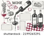 Hand drawn wine illustration set. Wine bottles, glass, pouring wine, snack, cheese, grapes, vine, vineyard, cork, barrel, corkscrew, wine stains. Menu list, label, packaging design.