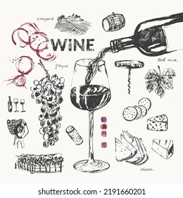 Hand drawn wine illustration set. Wine bottle, glass, hand pouring wine, snack, cheese, grapes, vine, vineyard, cork, corkscrew, bread, wine stains. Menu list, label, packaging design.