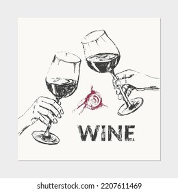 Juego de ilustraciones de vino dibujado a mano. Manos sosteniendo la copa de vino, la mancha de vino. Lista de vinos, etiqueta, diseño de embalaje.