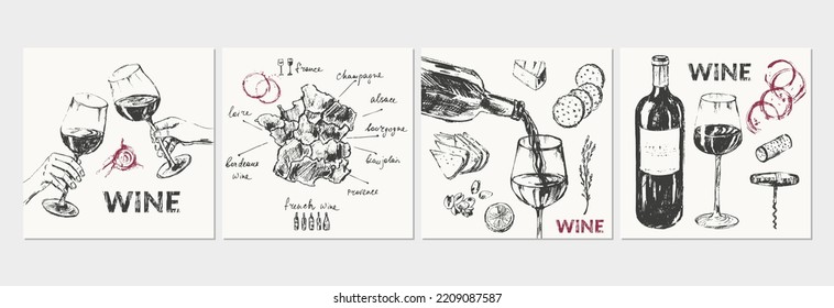 Hand drawn wine illustration set. Wine bottle, wineglass, hand holding glass, pouring wine, snack, cheese, cork, corkscrew, wine stains. Menu list, label, packaging design.