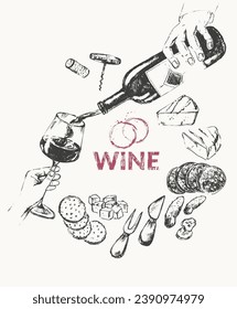 Hand drawn wine illustration set. Wine bottle, wineglass, food snack, cheese, bread, grapes, cork, corkscrew, wine stains. Winelist, menu background, party invitation, wine tasting, culinary event.