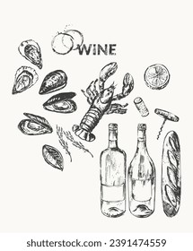 Hand drawn wine illustration set. Wine bottle, wineglass, food snack, bread, seafood, oyster, mussel, lobster, cork, corkscrew, wine stains. For wine list, menu background, party invitation, tasting.