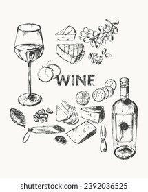 Juego de ilustraciones de vino dibujado a mano. Botella de vino, copa de vino, tentempiés, queso, pan, uvas, corcho, chuletero, manchas de vino. Winelist, antecedentes de menú, invitación a fiestas, degustación de vinos, evento culinario.