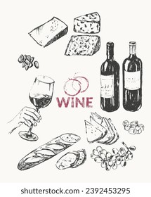 Hand drawn wine illustration set. Wine bottle, wineglass, food snack, cheese, bread, grapes, cork, corkscrew, wine stains. Winelist, menu background, party invitation, wine tasting, culinary event.