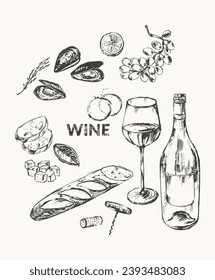 Hand drawn wine illustration set. Wine bottle, wineglass, food snack, cheese, bread, grapes, cork, corkscrew, wine stains. For winelist, menu background, party invitation, wine tasting, culinary.