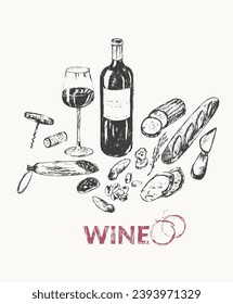 Hand drawn wine illustration set. Wine bottle, wineglass, food snack, cheese, bread, grapes, cork, corkscrew, wine stains. For winelist, menu background, party invitation, wine tasting, culinary.