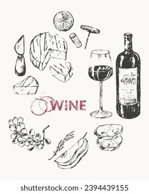Hand drawn wine illustration set. Wine bottle, wineglass, food snack, cheese, bread, grapes, cork, corkscrew, wine stains. For winelist, menu background, party invitation, wine tasting, culinary.