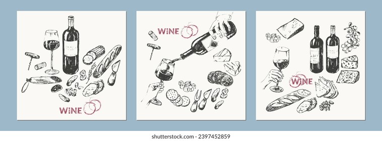 Hand drawn wine illustration set. Wine bottle, wineglass, food snack, cheese, bread, grapes, cork, corkscrew, wine stains. Winelist, menu background, party invitation, wine tasting, culinary event.